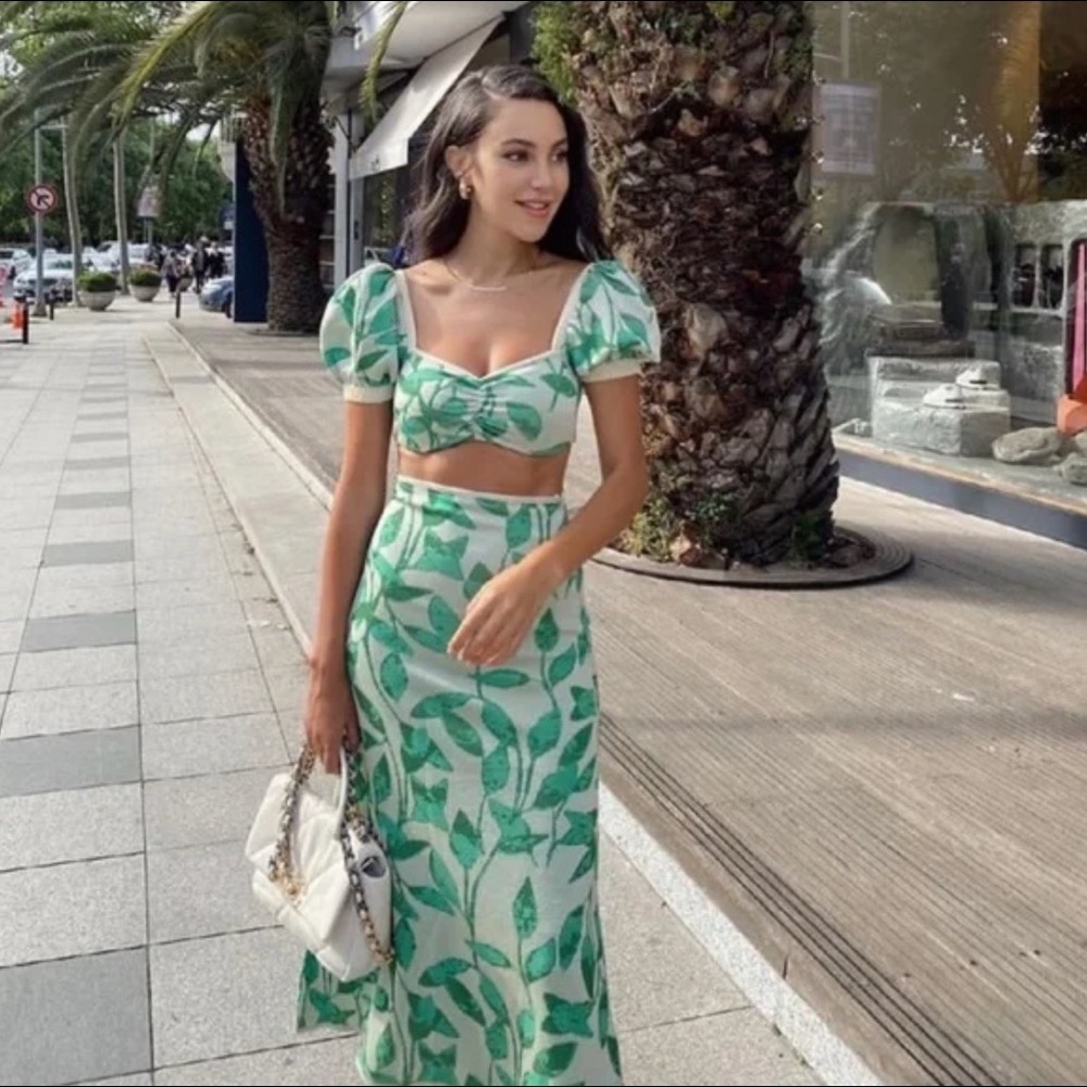Zara Knit Top and Midi Skirt Set Leaf Vine Print